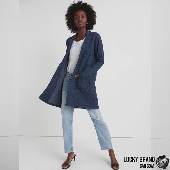 LUCKY BRAND CLASSIC LONG LINE CAR COAT IN AMERICAN NAVY BLUE WOMEN’S SIZE SMALL - Picture 3 of 14
